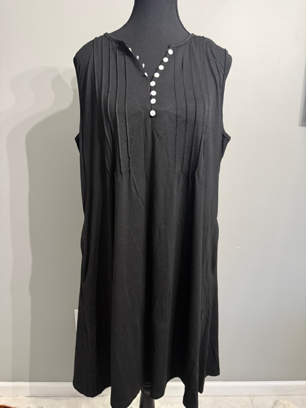 Black Sleeveless Pintuck Dress with Button Placket